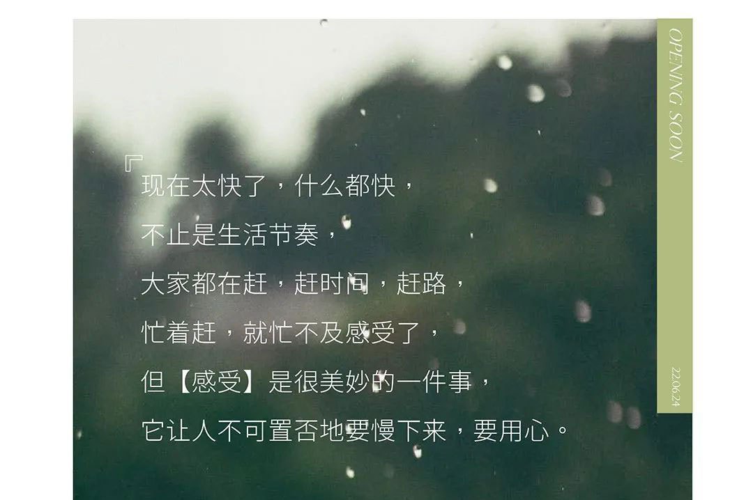 現(xiàn)在太快了，什么都快，不止是生活節(jié)奏，大家都在趕，趕時(shí)間，趕路，忙著趕，就忙不及感受了，但【感受】是很美妙的一件事，它讓人不可置否地要慢下來，要用心。