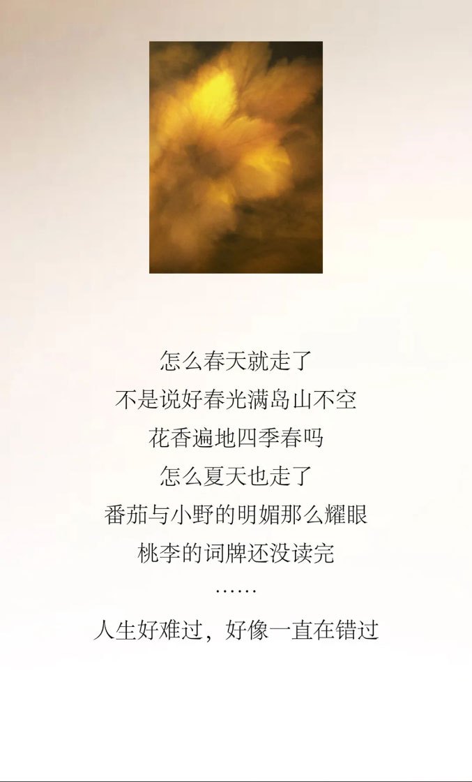 怎么春天就走了？不是說(shuō)好春光滿島山不空，花香遍地四季春?jiǎn)?？怎么夏天也走了，番茄與小野的明媚那么耀眼，桃李的詞牌還沒(méi)讀完。人生好難過(guò)，好像一直在錯(cuò)過(guò)。