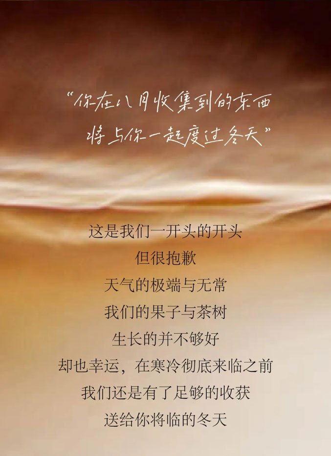 這是我們一開(kāi)頭的開(kāi)頭，但很抱歉，天氣的極端與無(wú)常，我們的果子與茶樹(shù)生長(zhǎng)的并不夠好，卻也幸運(yùn)，在寒冷徹底來(lái)臨之前，我們還是有了足夠的收獲，送給你將臨的冬天。